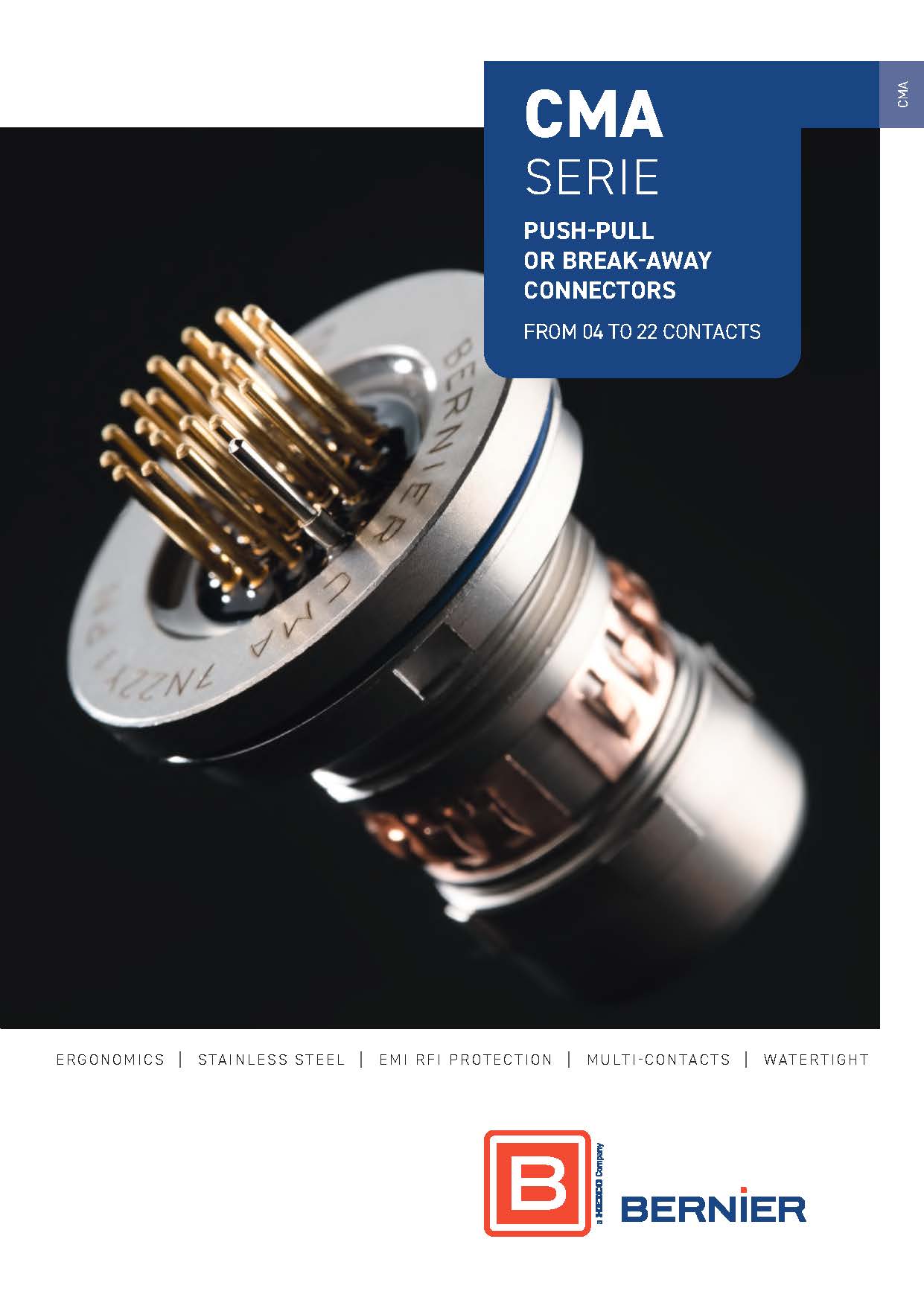 Cover of the Bernier CMA Series catalogue featuring stainless steel push-pull and break-away circular connectors with 4 to 22 contacts.