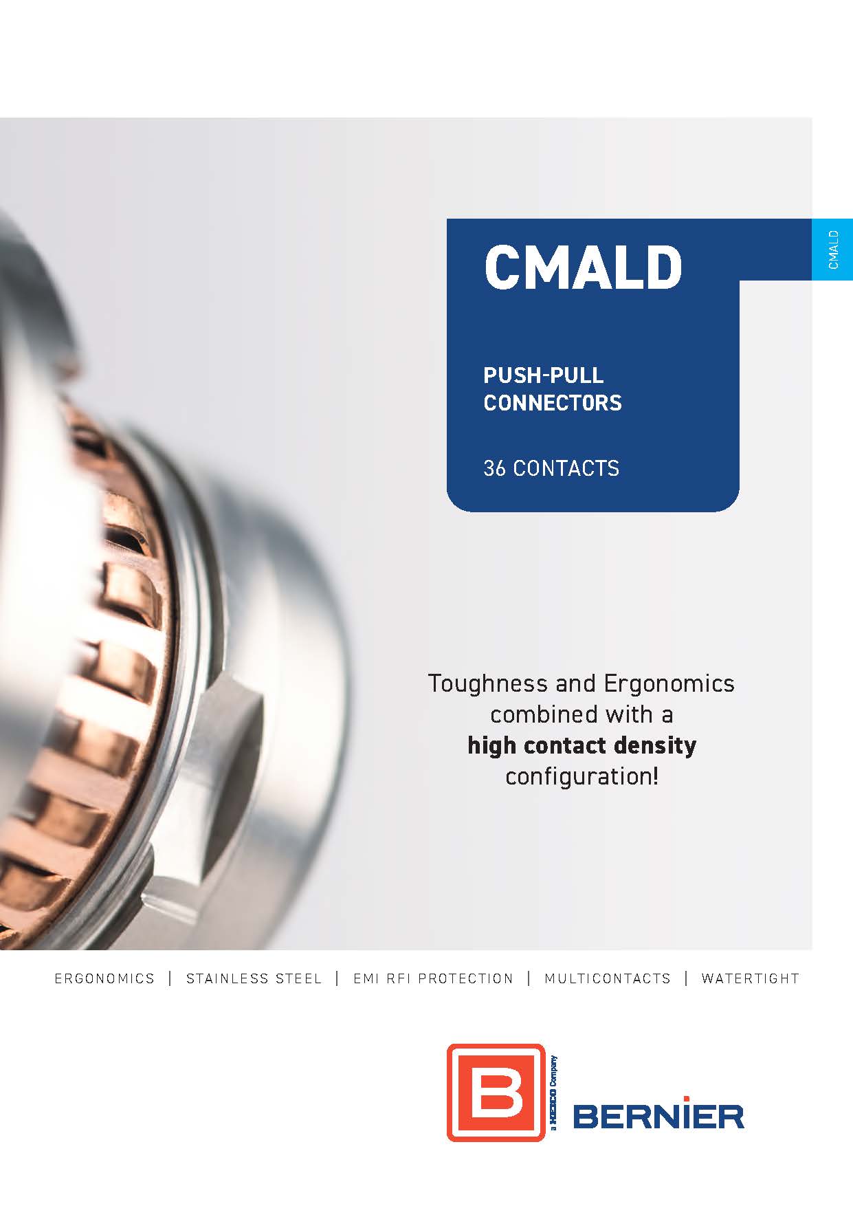 Cover of the Bernier CMALD Series catalogue featuring a 36-contact stainless steel push-pull circular connector with high contact density.