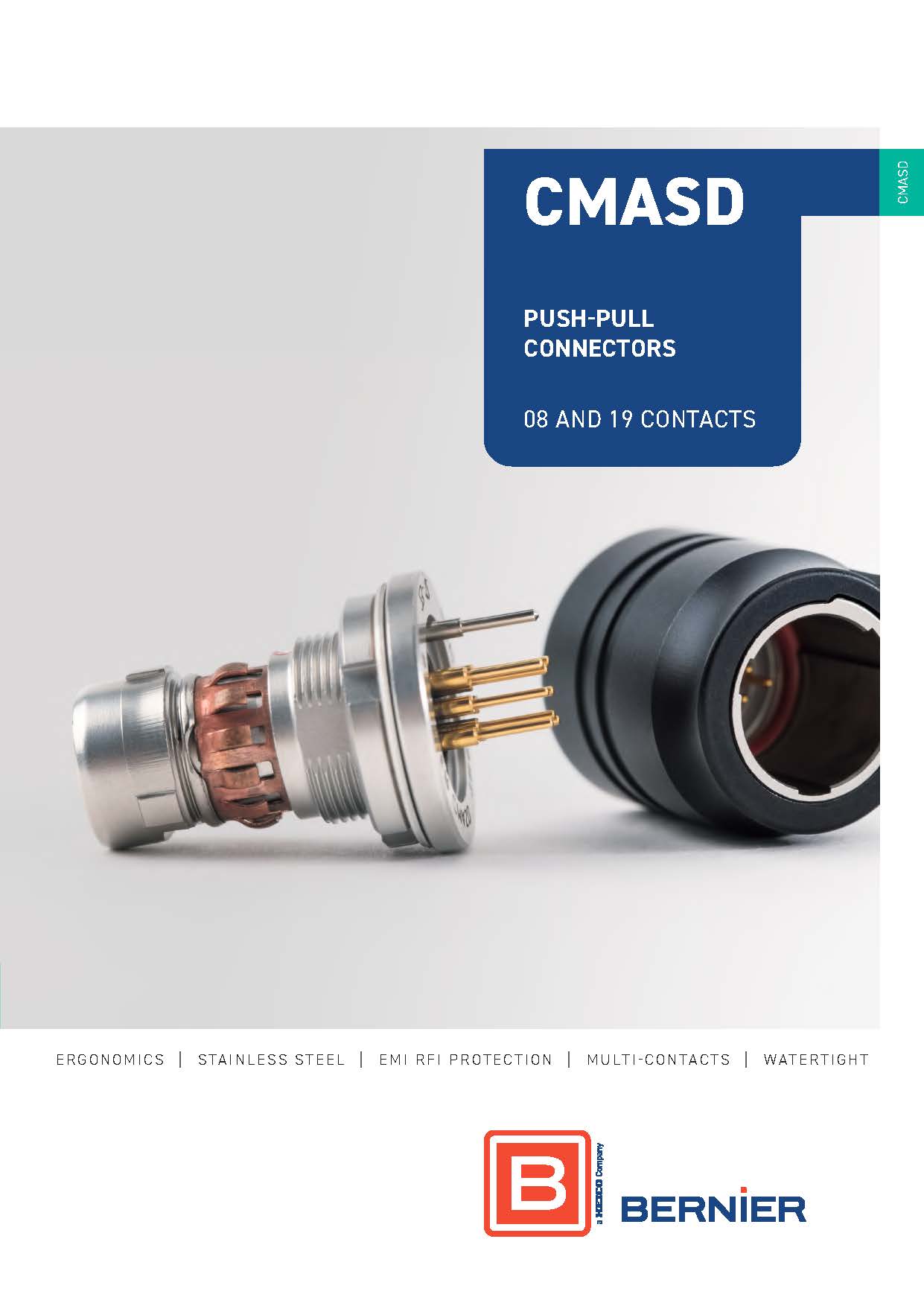 Cover of the Bernier CMASD Series catalogue featuring stainless steel push-pull circular connectors available with 8 and 19 contacts.