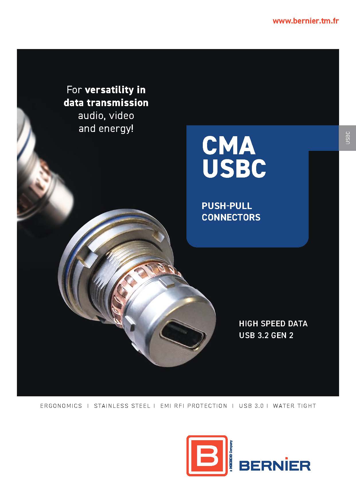 Cover of the Bernier CMA USB-C Series catalogue featuring a rugged stainless steel push-pull USB Type-C connector for high-speed data transmission.