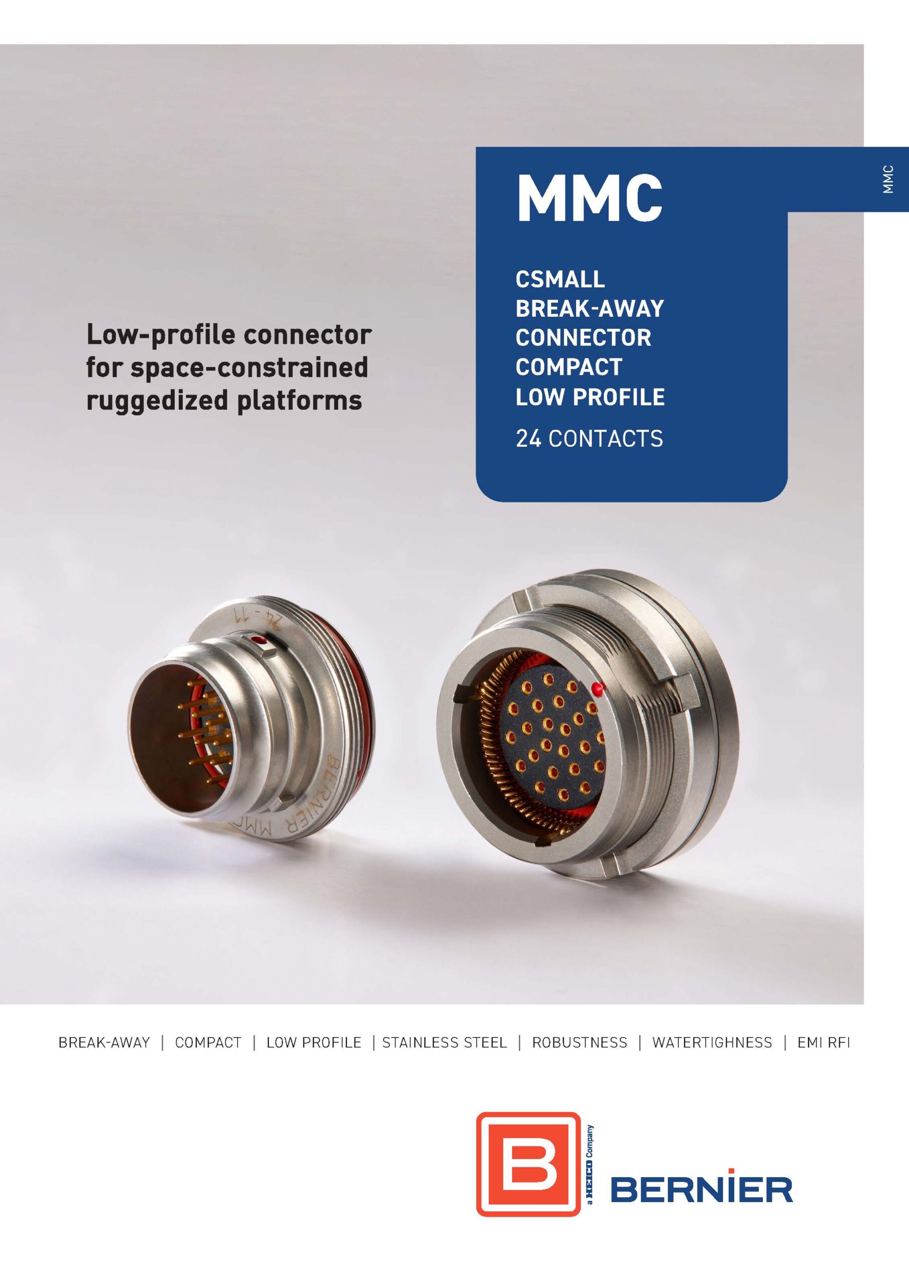 Cover of the Bernier MMC Series catalogue featuring compact low-profile stainless steel break-away circular connectors with 24 contacts.
