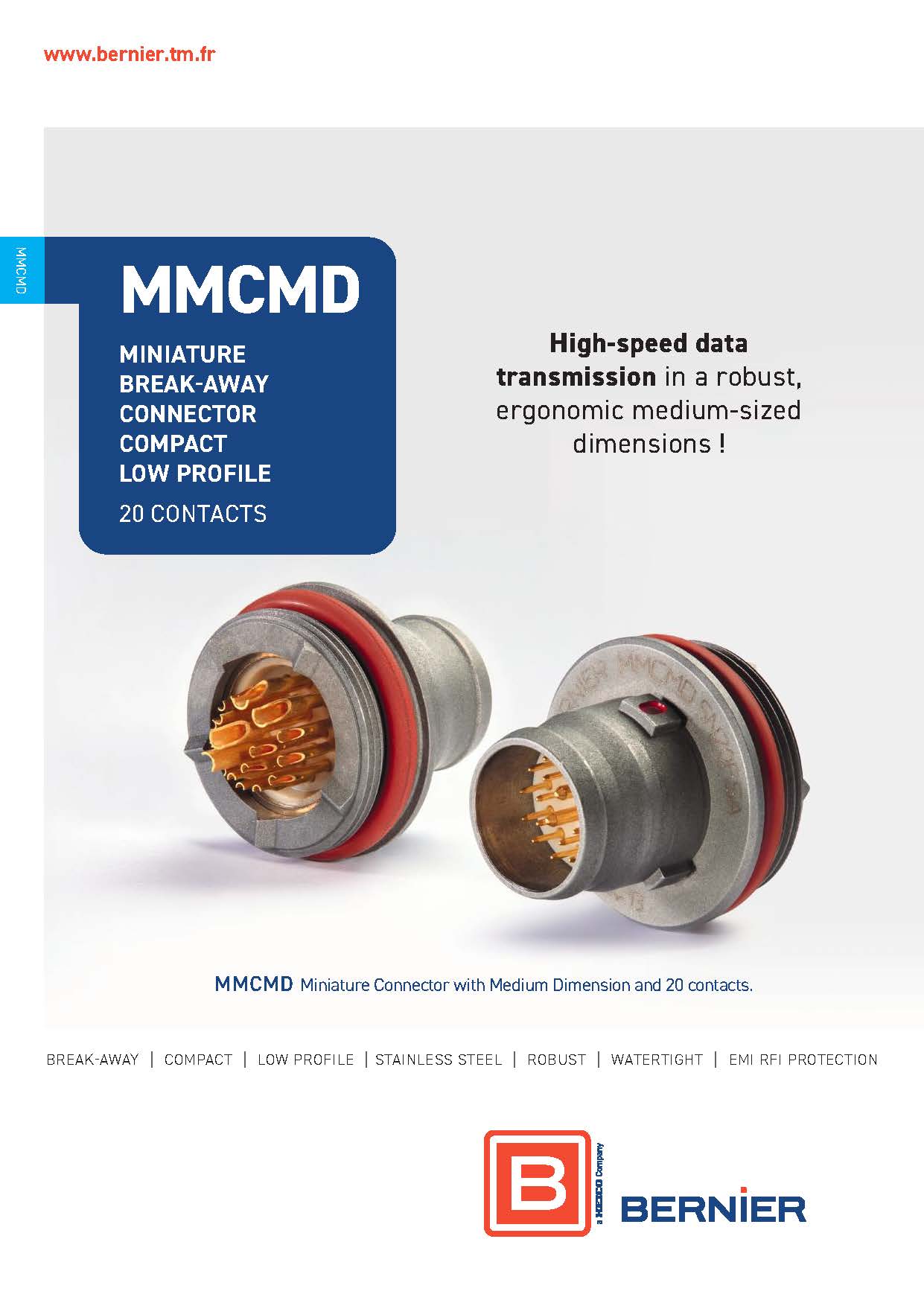 Cover of the Bernier MMCMD Series catalogue featuring miniature low-profile break-away circular connectors with 20 contacts.