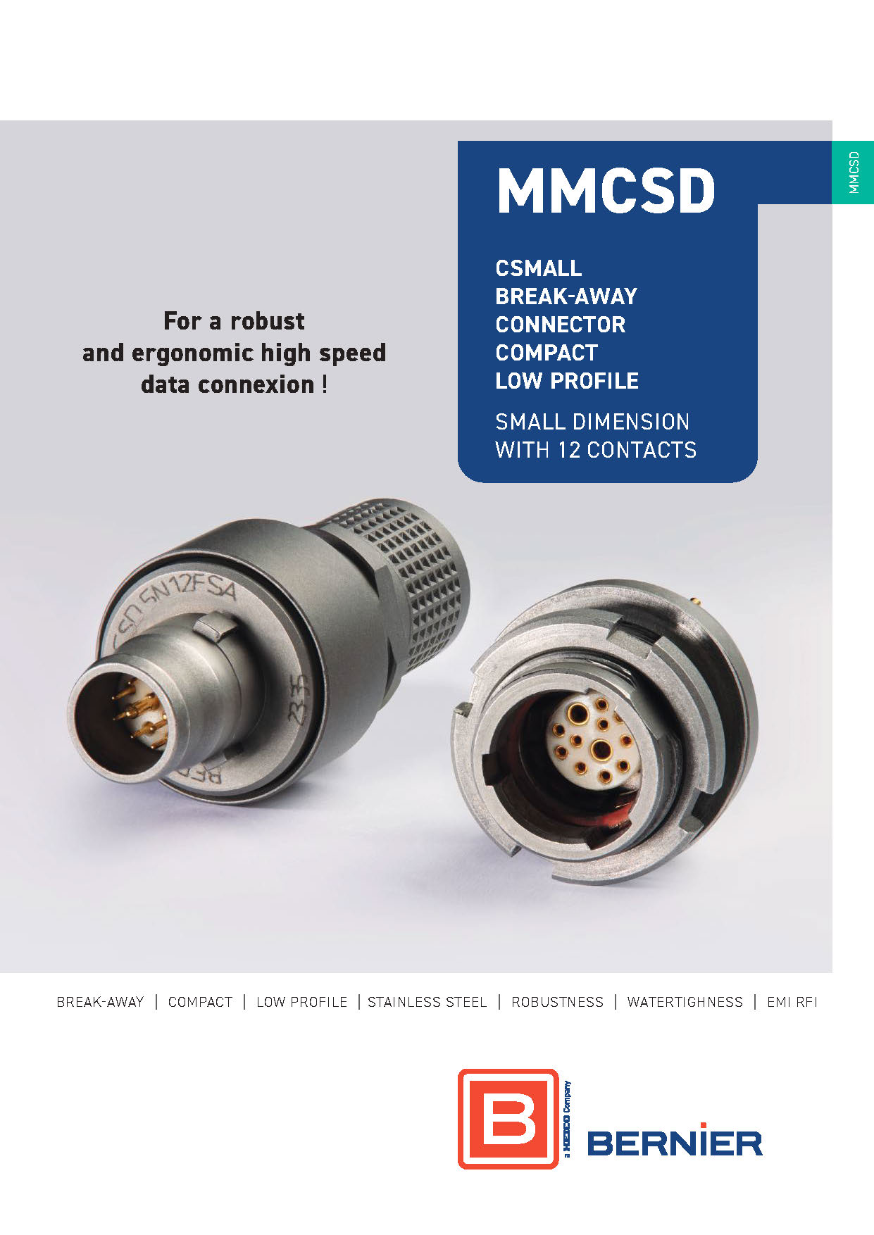 Cover of the Bernier MMCSD Series catalogue featuring compact low-profile stainless steel break-away circular connectors with 12 contacts.