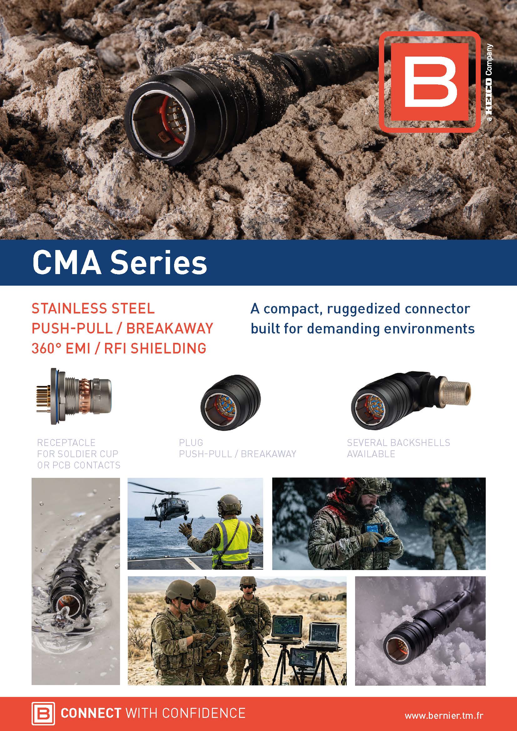 Bernier CMA Series product shortform featuring stainless steel push-pull and break-away circular connectors for harsh environments.