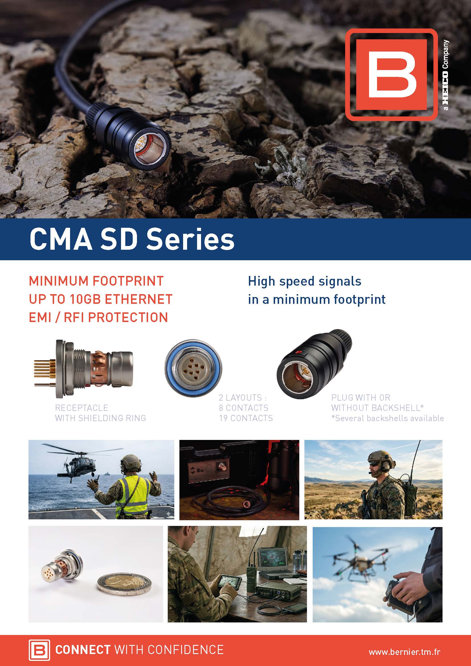 Bernier CMA SD Series product shortform featuring compact high-speed circular connectors with 8 and 19 contacts.