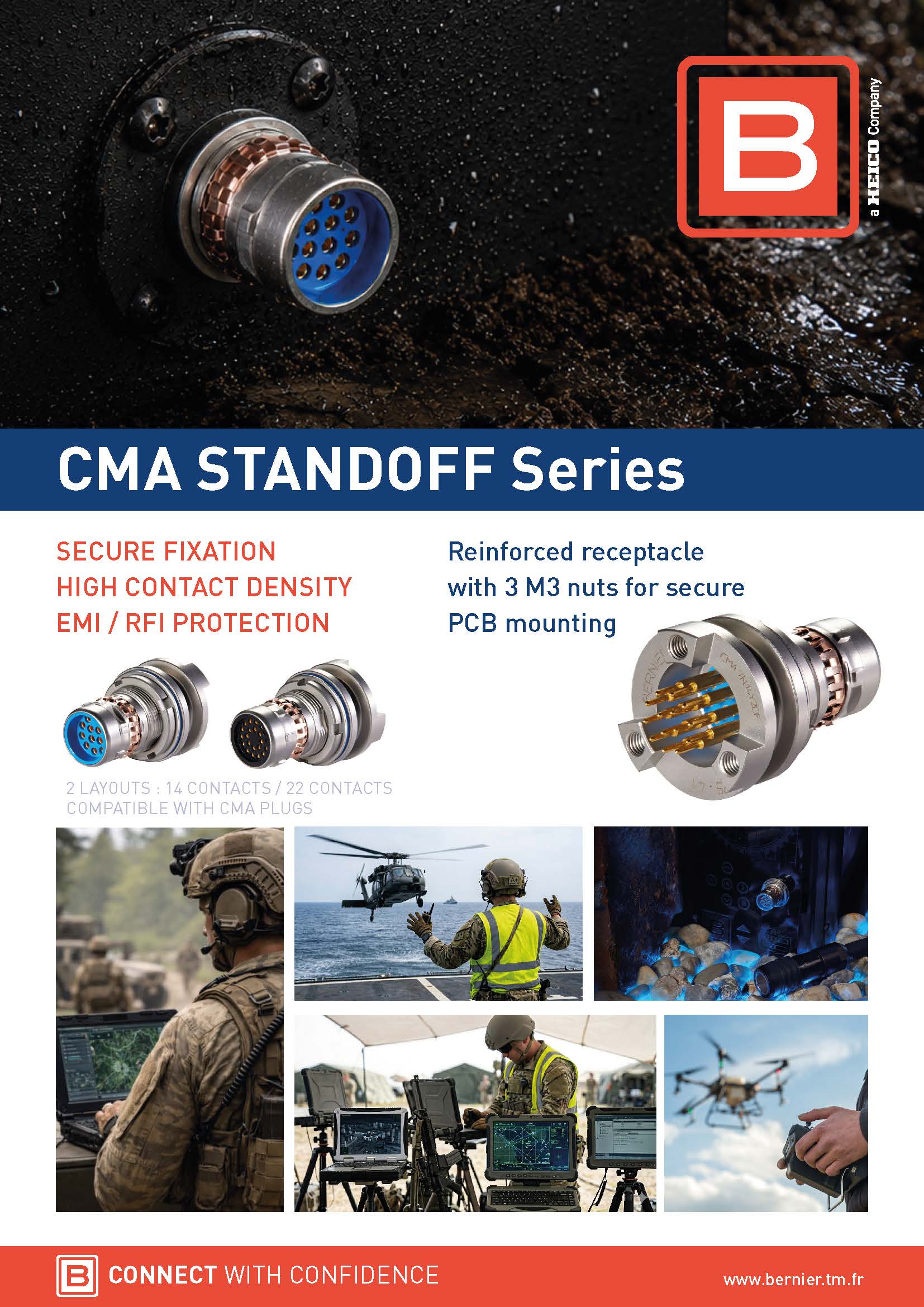 Bernier CMA Standoff Series product shortform featuring reinforced panel receptacles for secure PCB mounting.