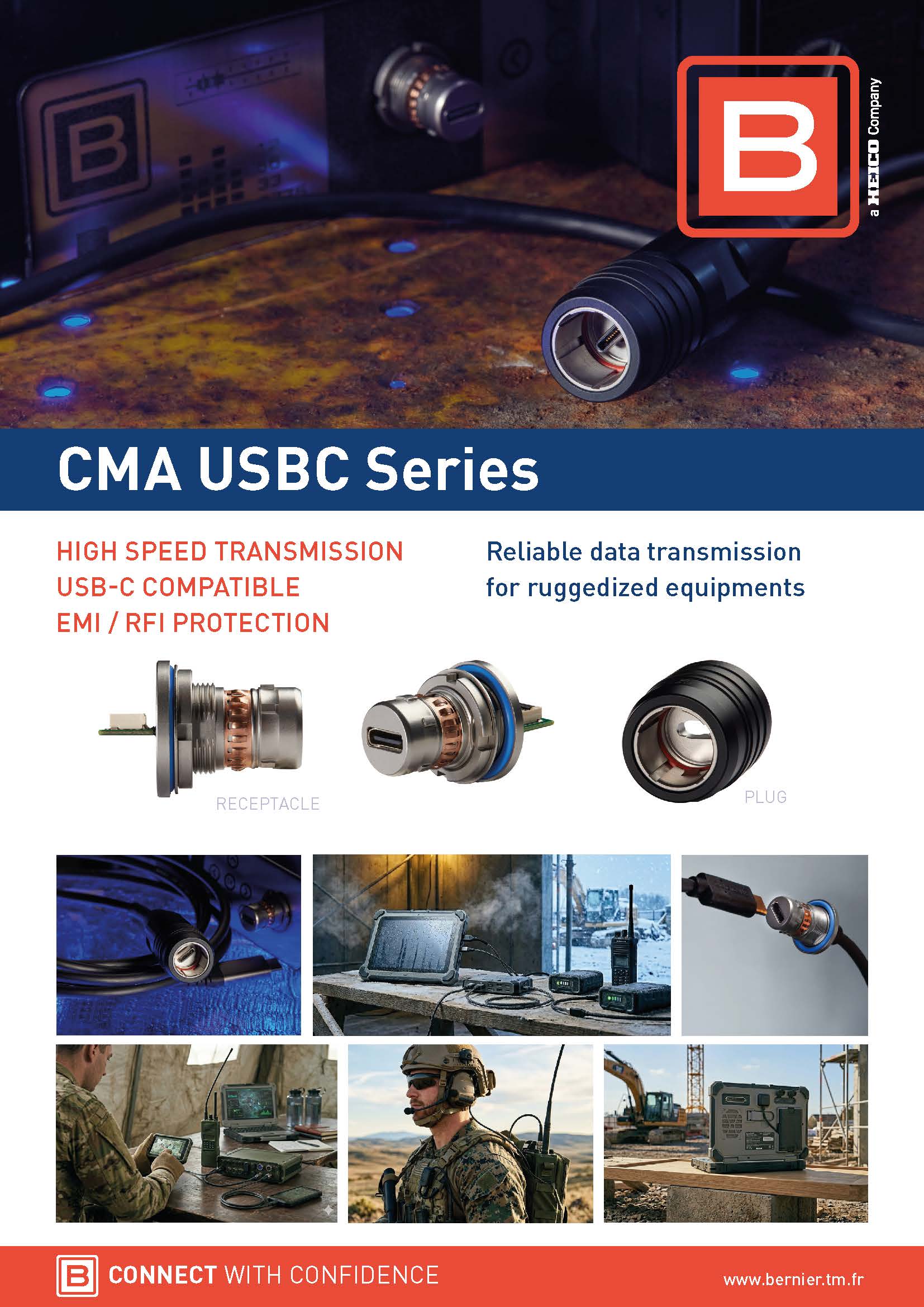 Bernier CMA USB-C Series product shortform featuring rugged push-pull USB Type-C circular connectors for high-speed data transmission.
