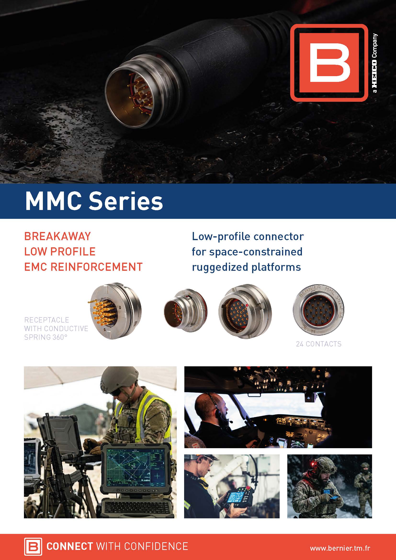 Bernier MMC Series product shortform featuring low-profile stainless steel break-away circular connectors with 24 contacts.