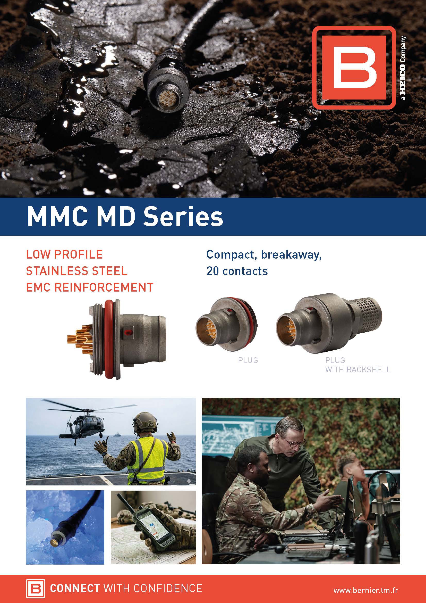 Bernier MMC MD Series product shortform featuring compact low-profile break-away circular connectors with 20 contacts.