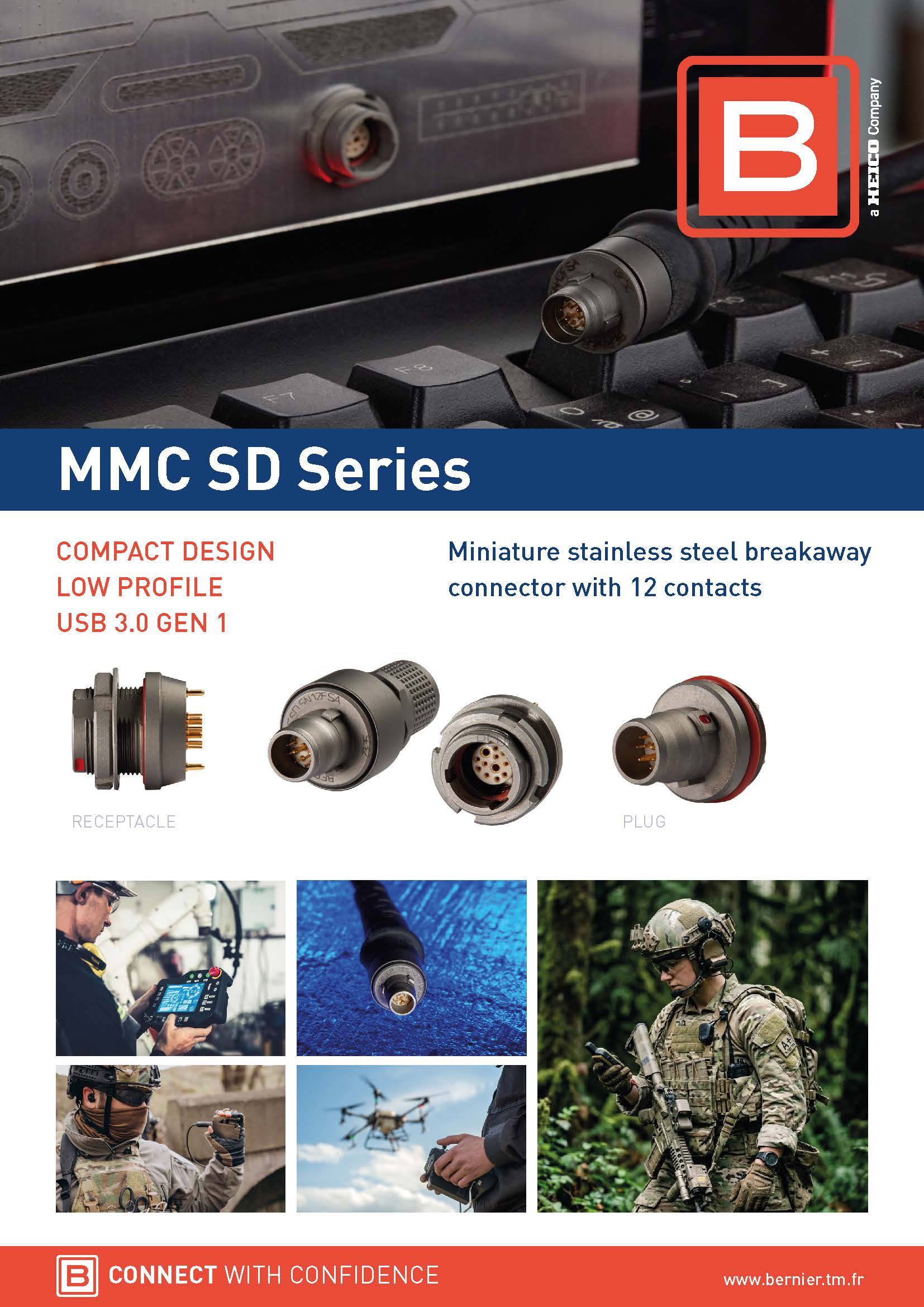 Bernier MMC SD Series product shortform featuring miniature stainless steel break-away connectors with 12 contacts.