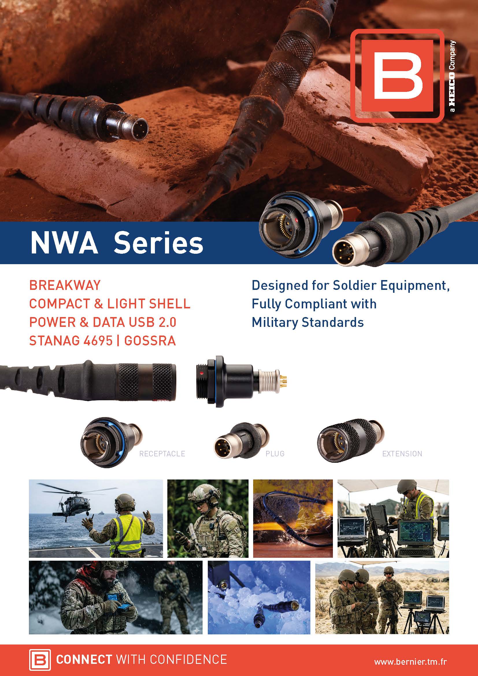Bernier NWA Series product shortform featuring lightweight military break-away connectors compliant with STANAG 4695 and GOSSRA.
