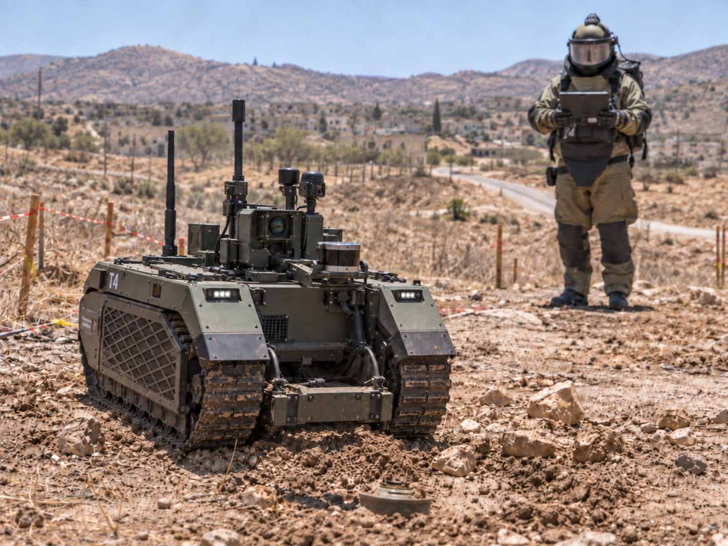 robot terrestre télécommandé (UGV) évoluant en terrain désertique, à proximité d'un opérateur militaire